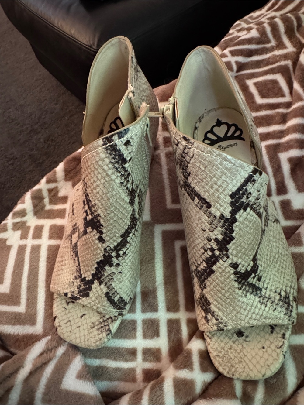 Fergalicious Beige and Black Snake-Print Open-Toe Mules